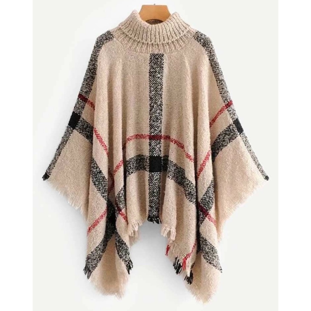 LAST🥰CHANCE Plaid poncho tan black turtleneck - Picture 2 of 4